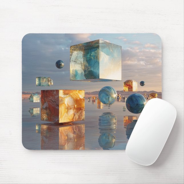 Surreal Floating Cubes And Spheres Mouse Mat (With Mouse)