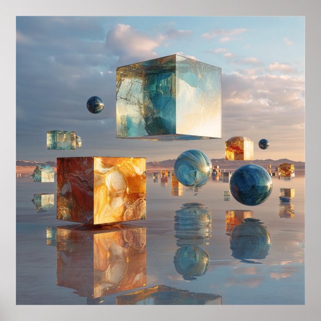 Surreal Floating Cubes And Spheres Poster (Front)