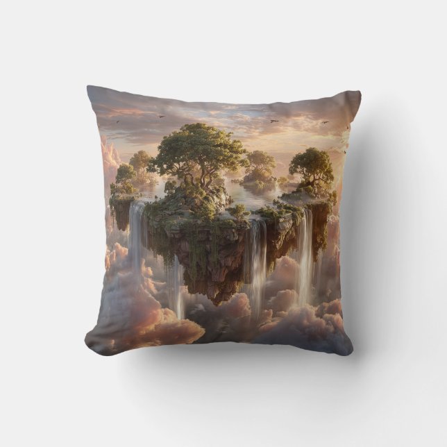 Surreal Floating Islands With Waterfalls Cushion (Front)