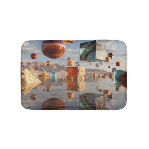 Surreal Floating Spheres And Cubes Bath Mat