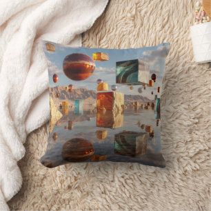 Surreal Floating Spheres And Cubes Cushion