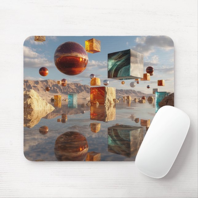 Surreal Floating Spheres And Cubes Mouse Mat (With Mouse)
