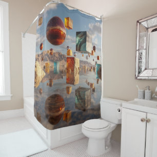 Surreal Floating Spheres And Cubes Shower Curtain