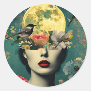 Surreal Floral Moon Portrait Classic Round Sticker