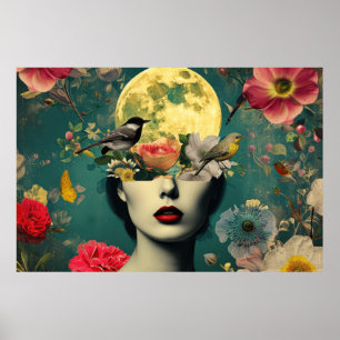 Surreal Floral Moon Portrait Poster