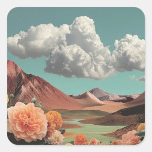Surreal Floral Mountainscape With Dramatic Clouds Square Sticker