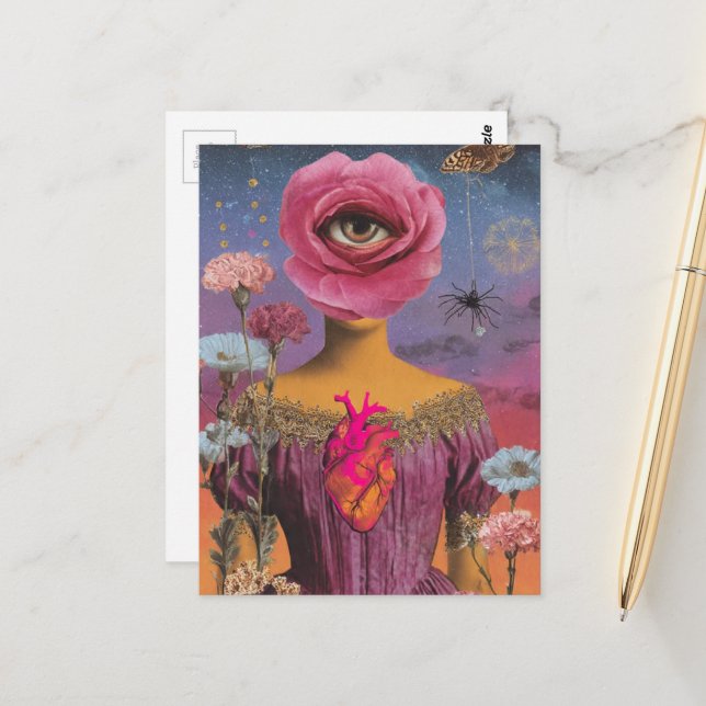 Surreal Flower Lady collage Postcard (Front/Back In Situ)
