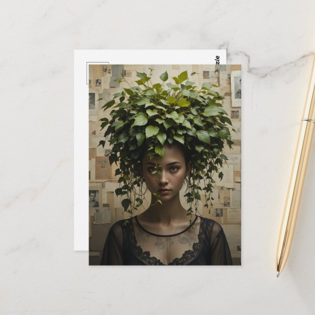 Surreal Flower Pot Woman Postcard (Front/Back In Situ)