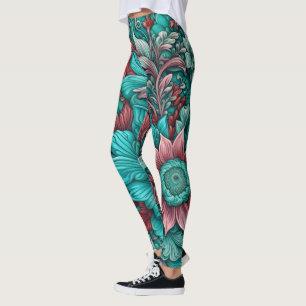 Surreal  flowers, cyan blue red and pink  leggings