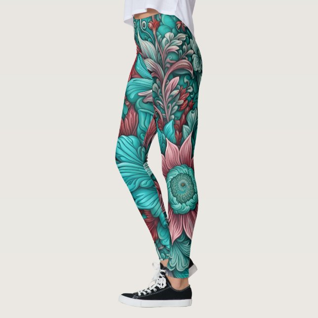Surreal  flowers, cyan blue red and pink  leggings (Left)