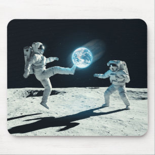 Surreal Football Art with Astronauts on Moon Mouse Mat