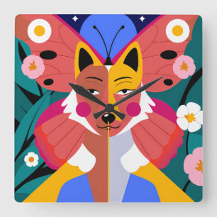 Surreal Fox Butterfly Hybrid with Floral Elements Square Wall Clock