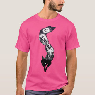 Surreal Fox Silhouette With Mountains Tress Moon   T-Shirt