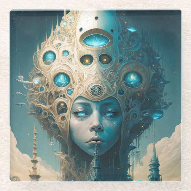 Surreal Futuristic Alien Woman Lanscape Glass Coaster (Front)