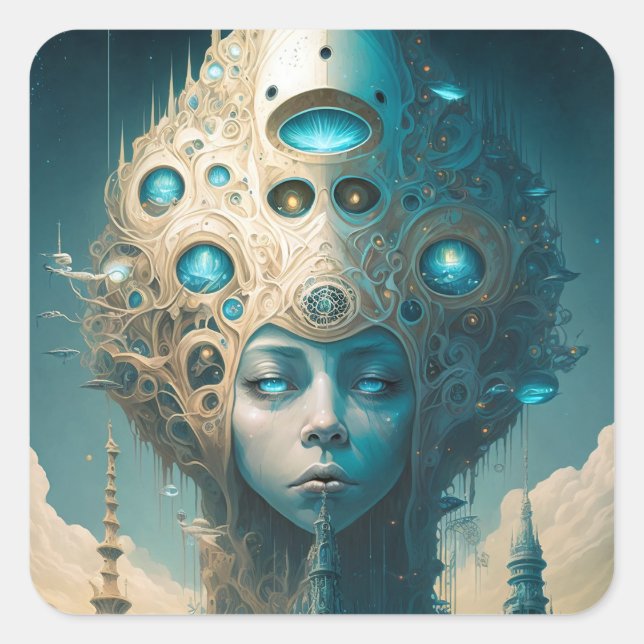 Surreal Futuristic Alien Woman Lanscape Square Sticker (Front)