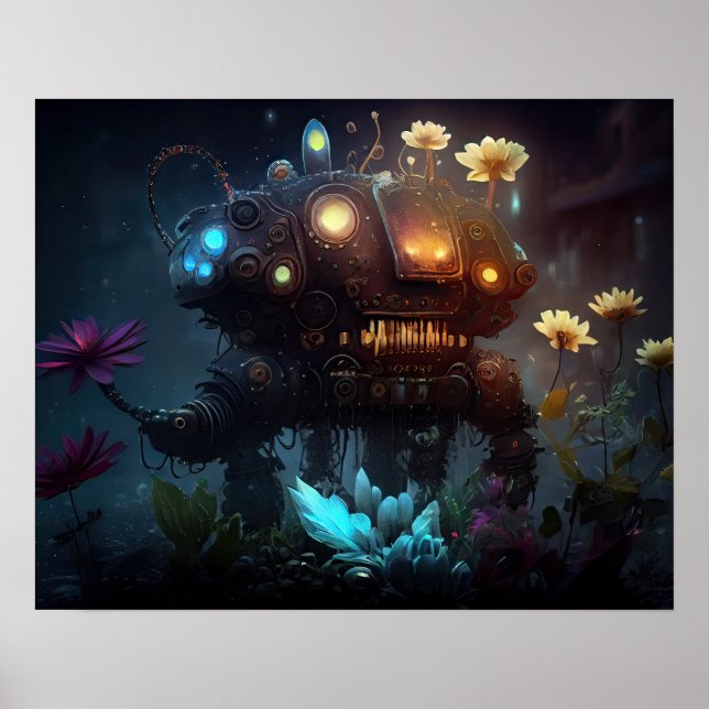 Surreal Futuristic Flowers Robot Poster (Front)