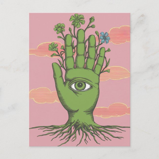 Surreal Gardeners Green Hand Blue Flower Postcard (Front)