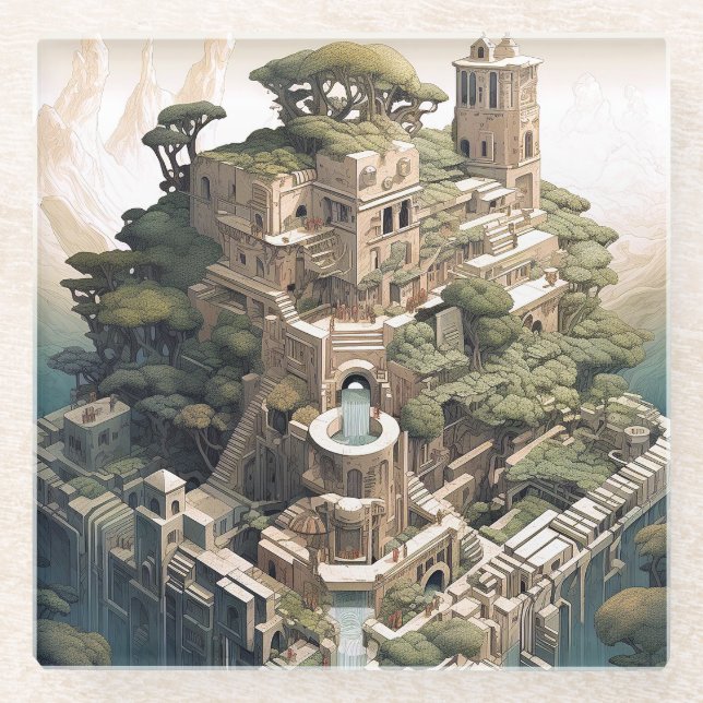 Surreal Geometric City Landscape Fantasy Art Glass Coaster (Front)