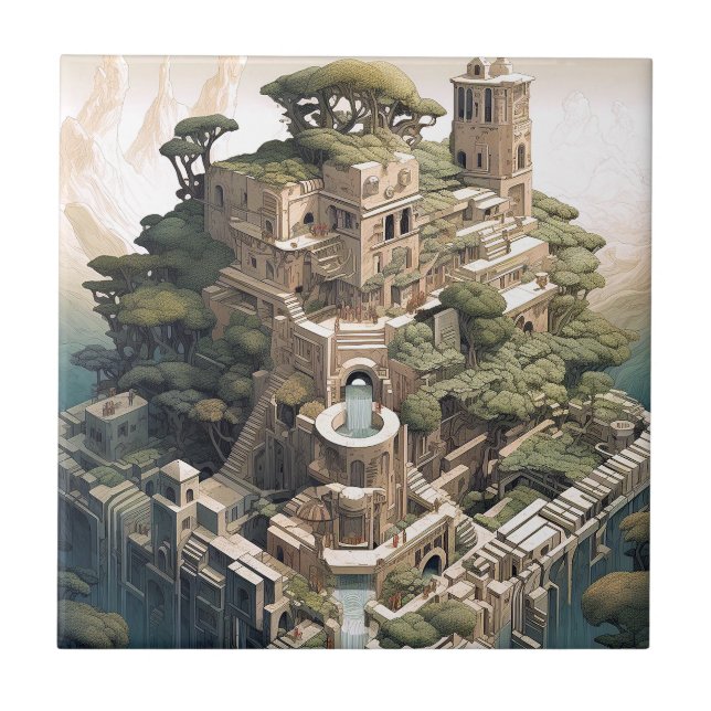Surreal Geometric City Landscape Fantasy Art Tile (Front)
