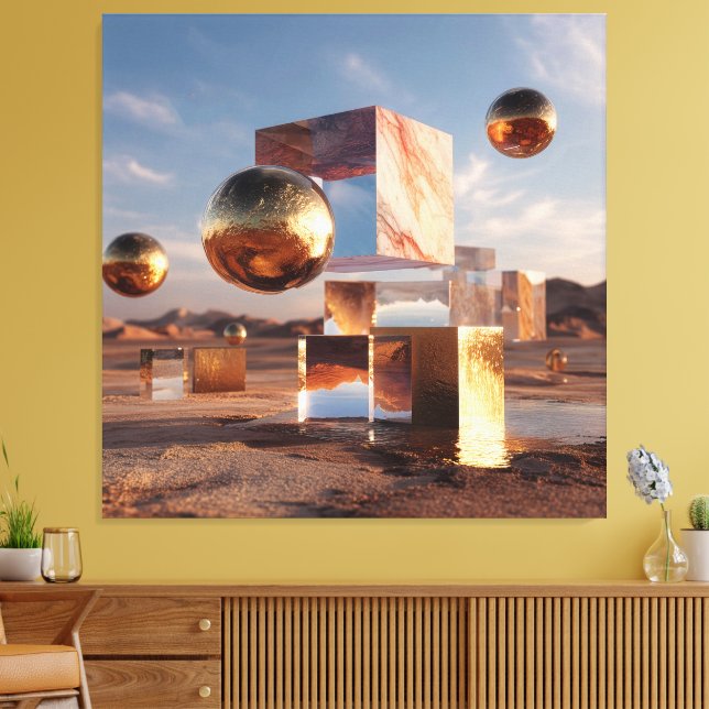 Surreal Geometric Composition With Golden Spheres Canvas Print (Insitu(LivingRoom))