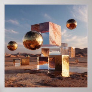Surreal Geometric Composition With Golden Spheres Poster