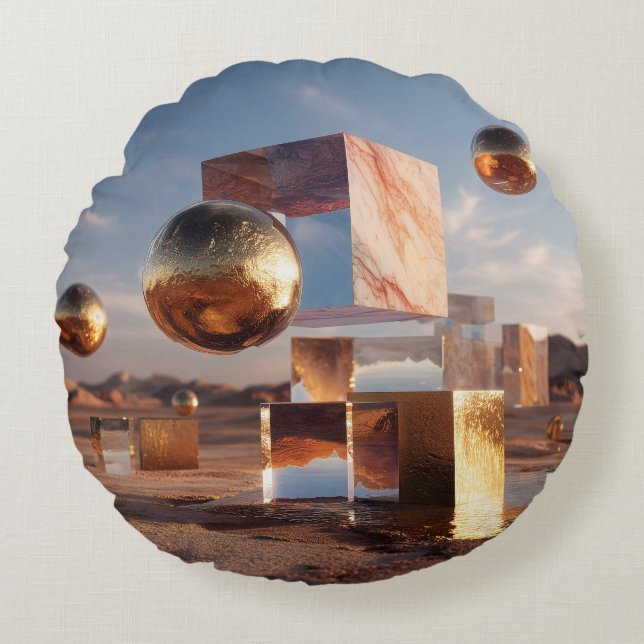 Surreal Geometric Composition With Golden Spheres Round Cushion (Front)