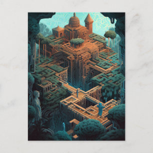 Surreal Geometric Maze City Landscape Fantasy Art Postcard