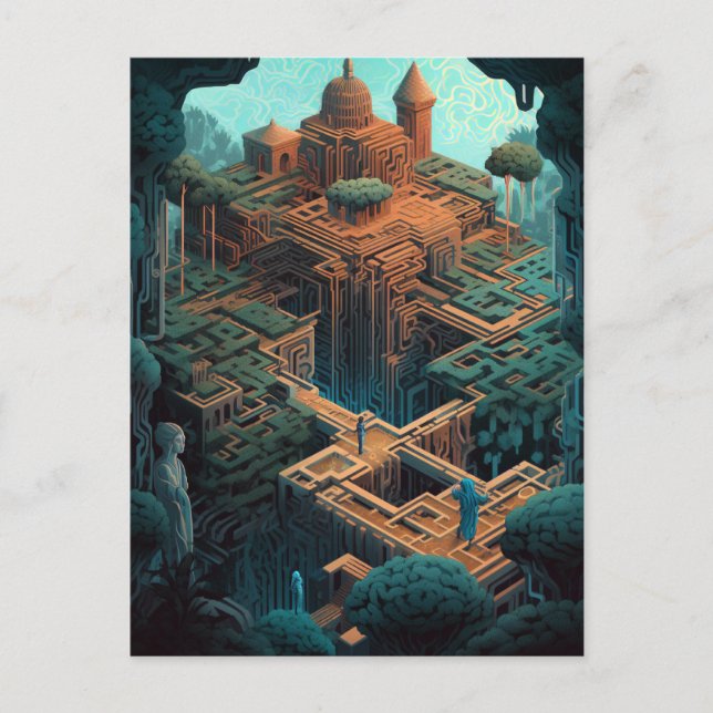 Surreal Geometric Maze City Landscape Fantasy Art Postcard (Front)