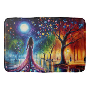 Surreal girl fantasy moonlight park rainbow trees bath mat
