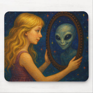 Surreal Girl Holding Mirror with Alien Reflection Mouse Mat