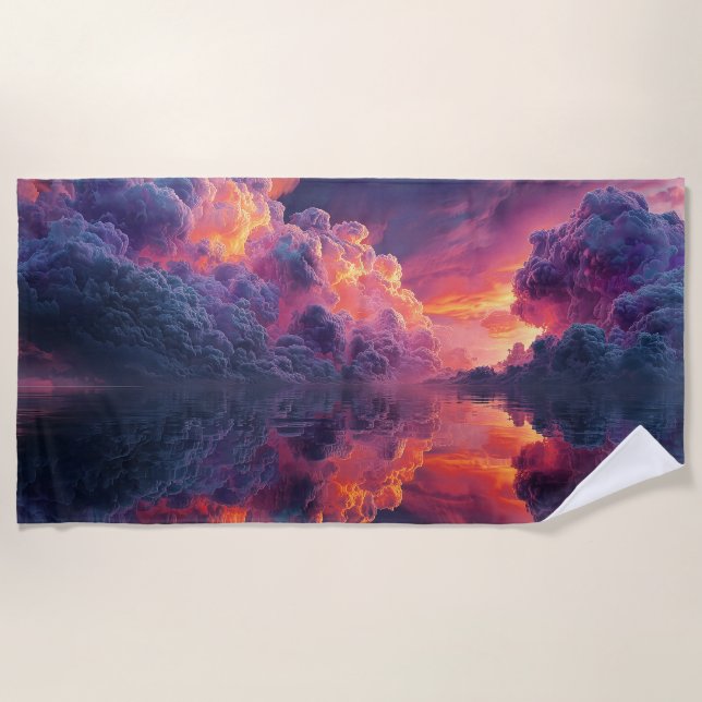 Surreal Glowing Sunset Clouds Reflected In Water Beach Towel (Front)