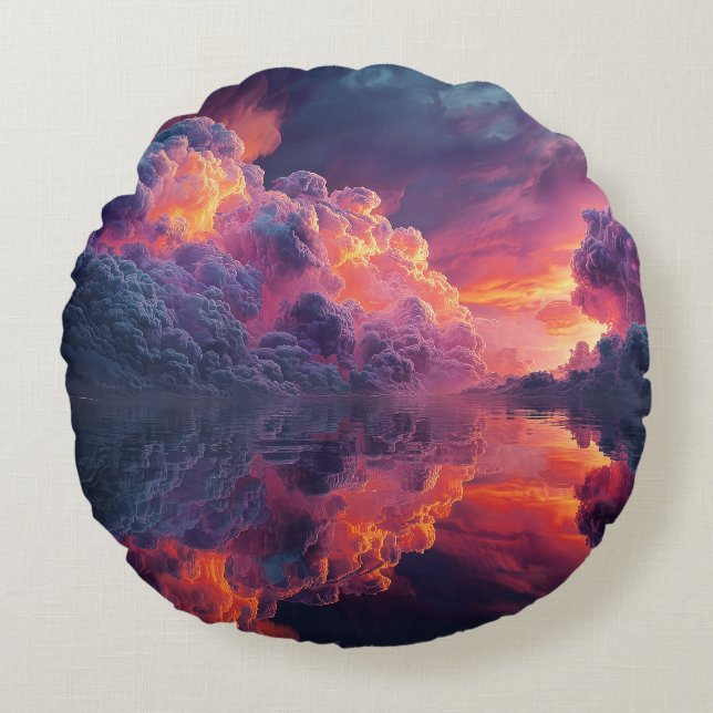 Surreal Glowing Sunset Clouds Reflected In Water Round Cushion (Front)