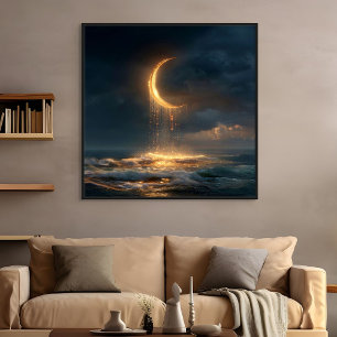 Surreal Golden Crescent Moon Above Ocean Canvas Print