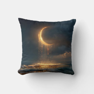 Surreal Golden Crescent Moon Above Ocean Cushion