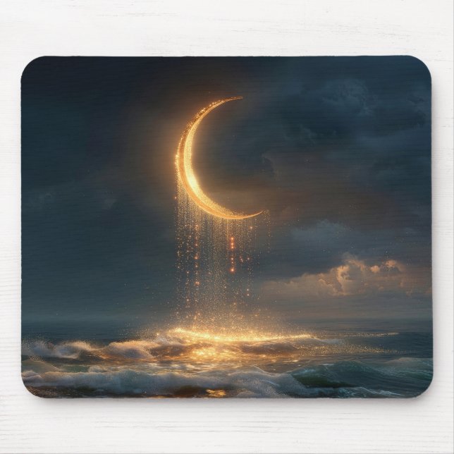 Surreal Golden Crescent Moon Above Ocean Mouse Mat (Front)