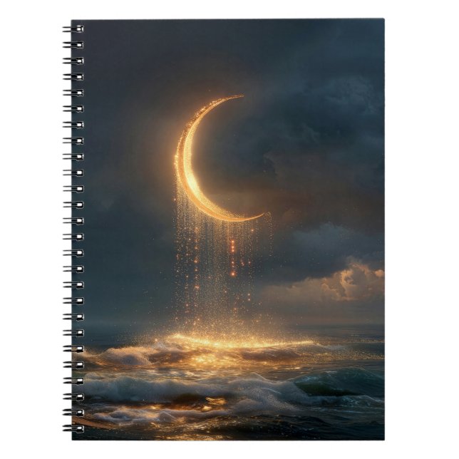 Surreal Golden Crescent Moon Above Ocean Notebook (Front)