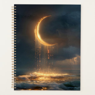 Surreal Golden Crescent Moon Above Ocean Planner
