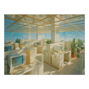 Surreal Golden Office with Vintage Computers Poster