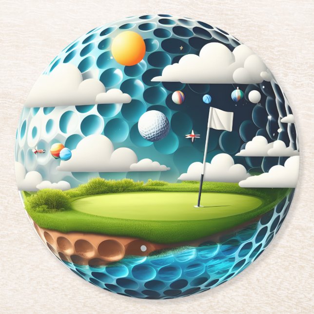 Surreal Golf Course in a Golf Ball World Round Paper Coaster (Front)