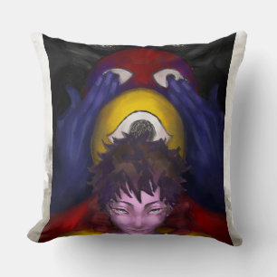 "Surreal Green-Haired Figure Holding an Eye – Dark Cushion