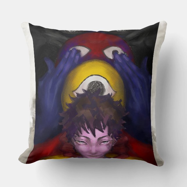 "Surreal Green-Haired Figure Holding an Eye – Dark Cushion (Front)