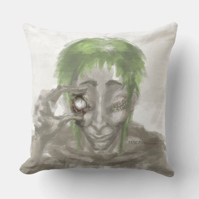 "Surreal Green-Haired Figure Holding an Eye – Dark Cushion (Front)