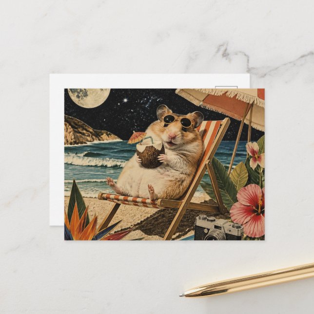 Surreal Hamster on Vacation Collage Postcard (Front/Back In Situ)