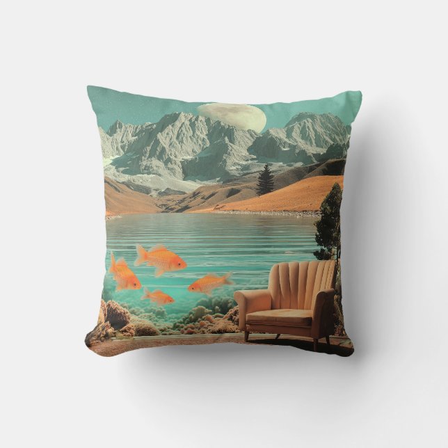 Surreal Interior with Fish and Moonlit Landscape Cushion (Front)