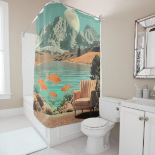 Surreal Interior with Fish and Moonlit Landscape Shower Curtain