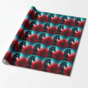 Surreal Intricate Black Knight Chess Piece Wrapping Paper