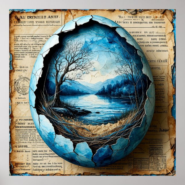 Surreal Landscape Inside a Cracked Egg on Antique Poster (Front)
