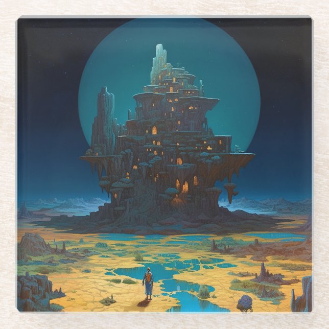 Surreal Landscape Towering City Fantasy Art Glass Coaster (Front)