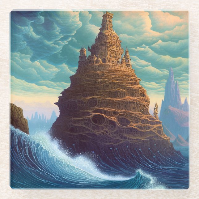 Surreal Landscape Towering City Fantasy Art Glass Coaster (Front)
