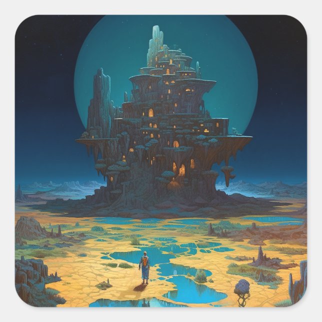 Surreal Landscape Towering City Fantasy Art Square Sticker (Front)